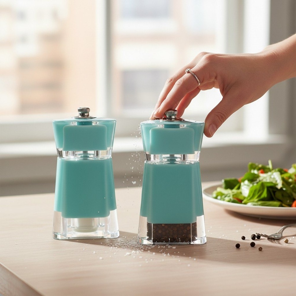 Mitbak Salt and Pepper Shaker Set Turquoise Acrylic 2 Piece New